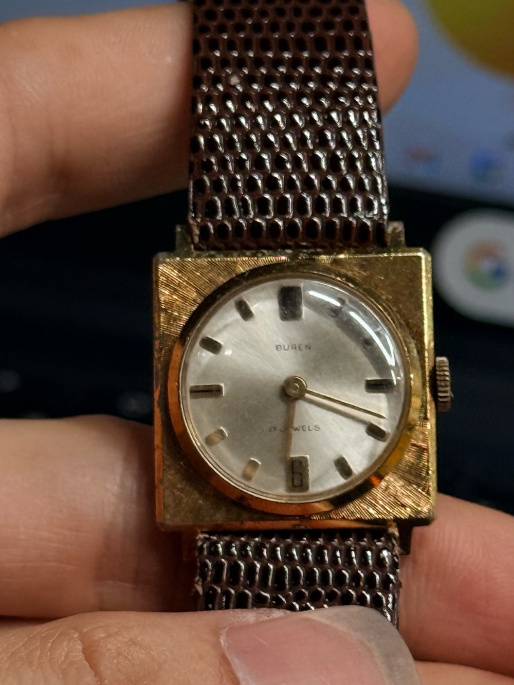 Buren Vintage Square Gold-Tone Watch with Brown Lizard Strap